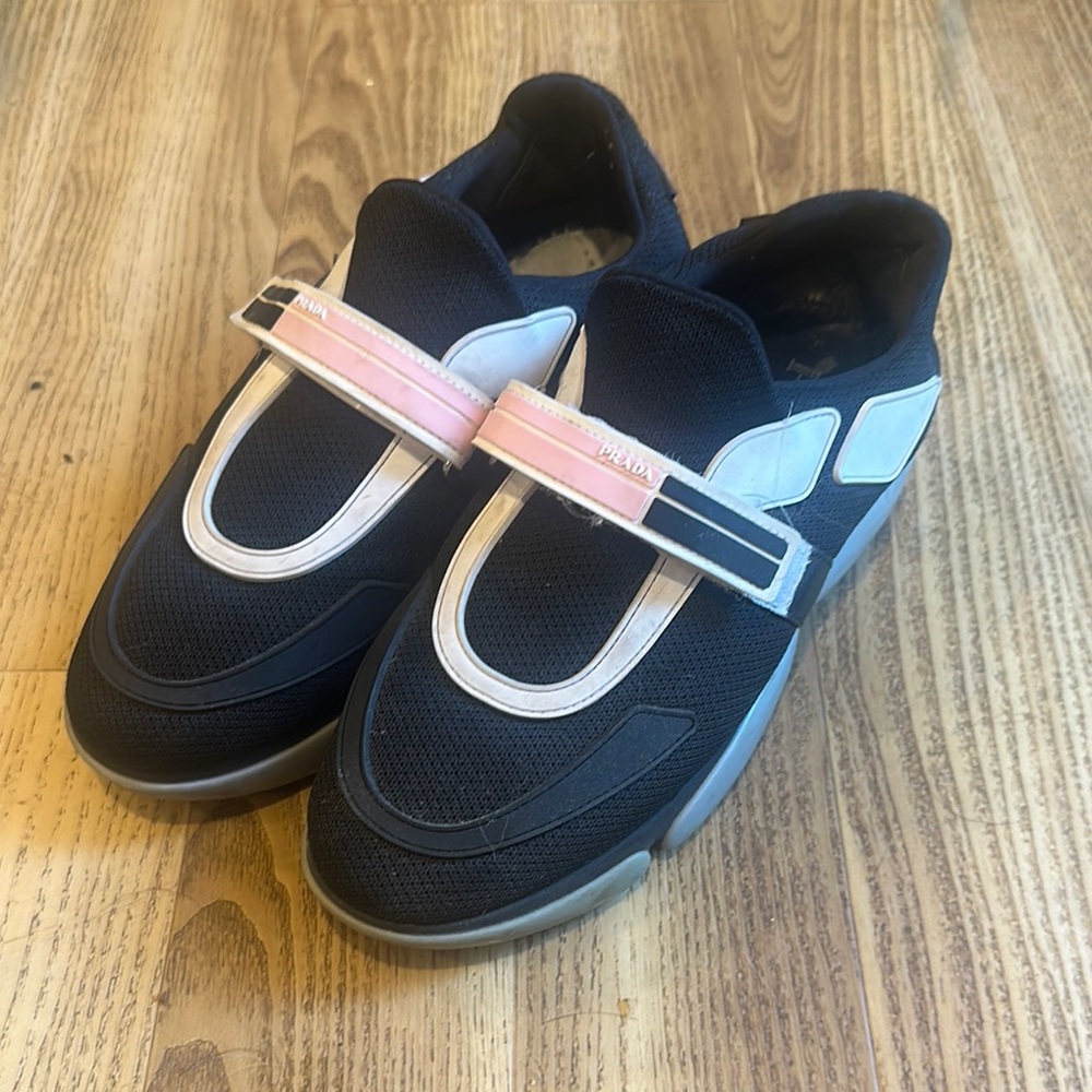 Prada cloudburst Black Sneakers with Pink and White Straps size women’s 38/8